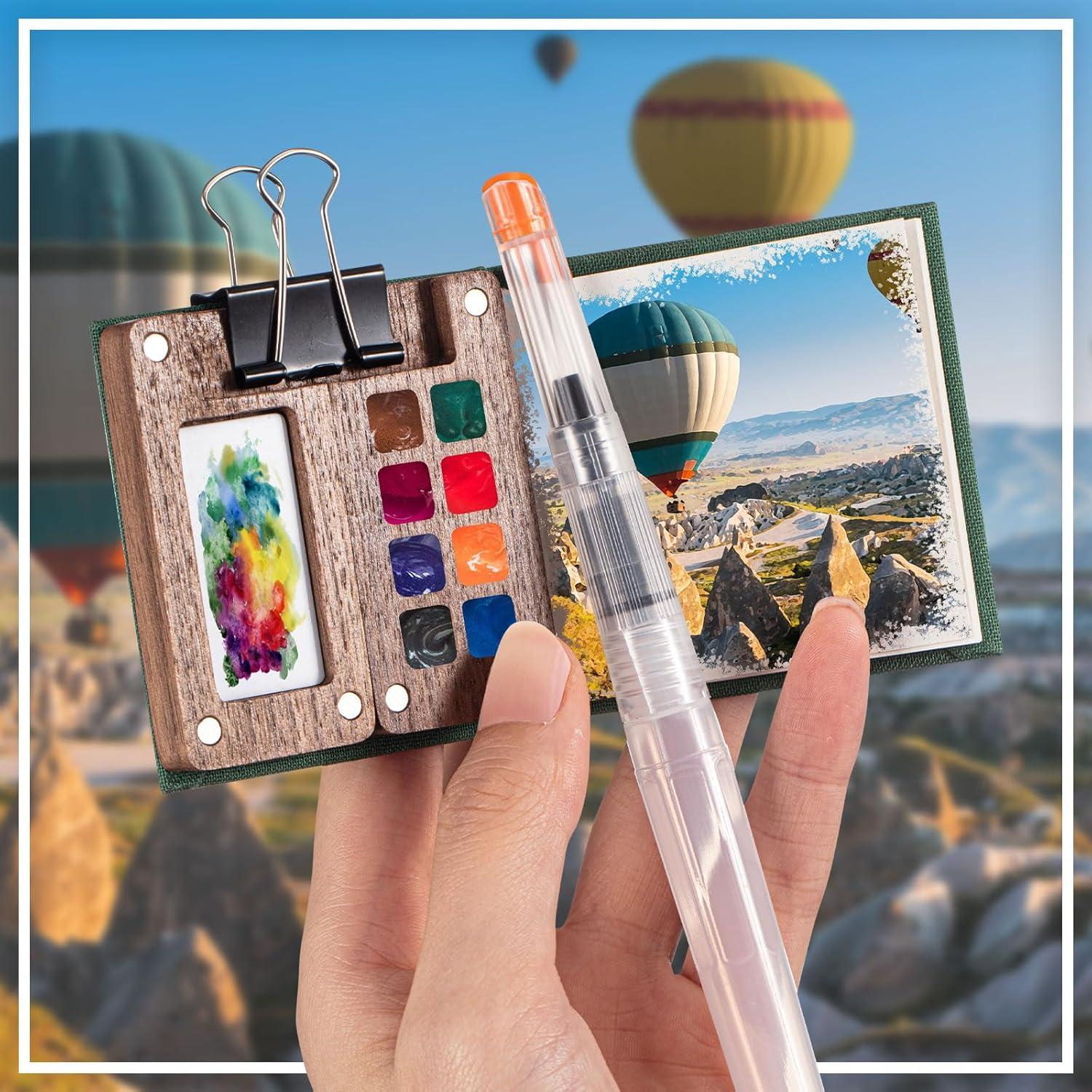 Mini Portable Watercolor Palette Set Wooden Grid Paint Box Watercolor Paper Sketch Book Brush Pens with Binder Clip for Painters Artist Not Include Paint(Pine Green)