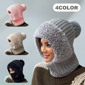Female 2025 New 3-in-1 Soft Knit Skull Beanie - Stylish Acrylic Plain Cold Cap Hat, Autumn Winter Cold-Resistant Accessory with Face Mask, Hooded Scarf, 1 Size