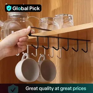 (Without Screws) Cup Hook Shelf, 1 Count Multifunctional Under Cabinet 6 Hooks Cup Storage Rack, Home Organizer for Kitchen Bathroom Bedroom Wall Mountable