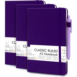 3 Pack Notebooks Journals Bulk, Hardcover Notebook Classic Ruled Lined Journal Set with Pen Holder for Work Business Journaling Note Taking, with 3 Black Pens, 120 GSM, 5.1"x8.3", A5, Purple