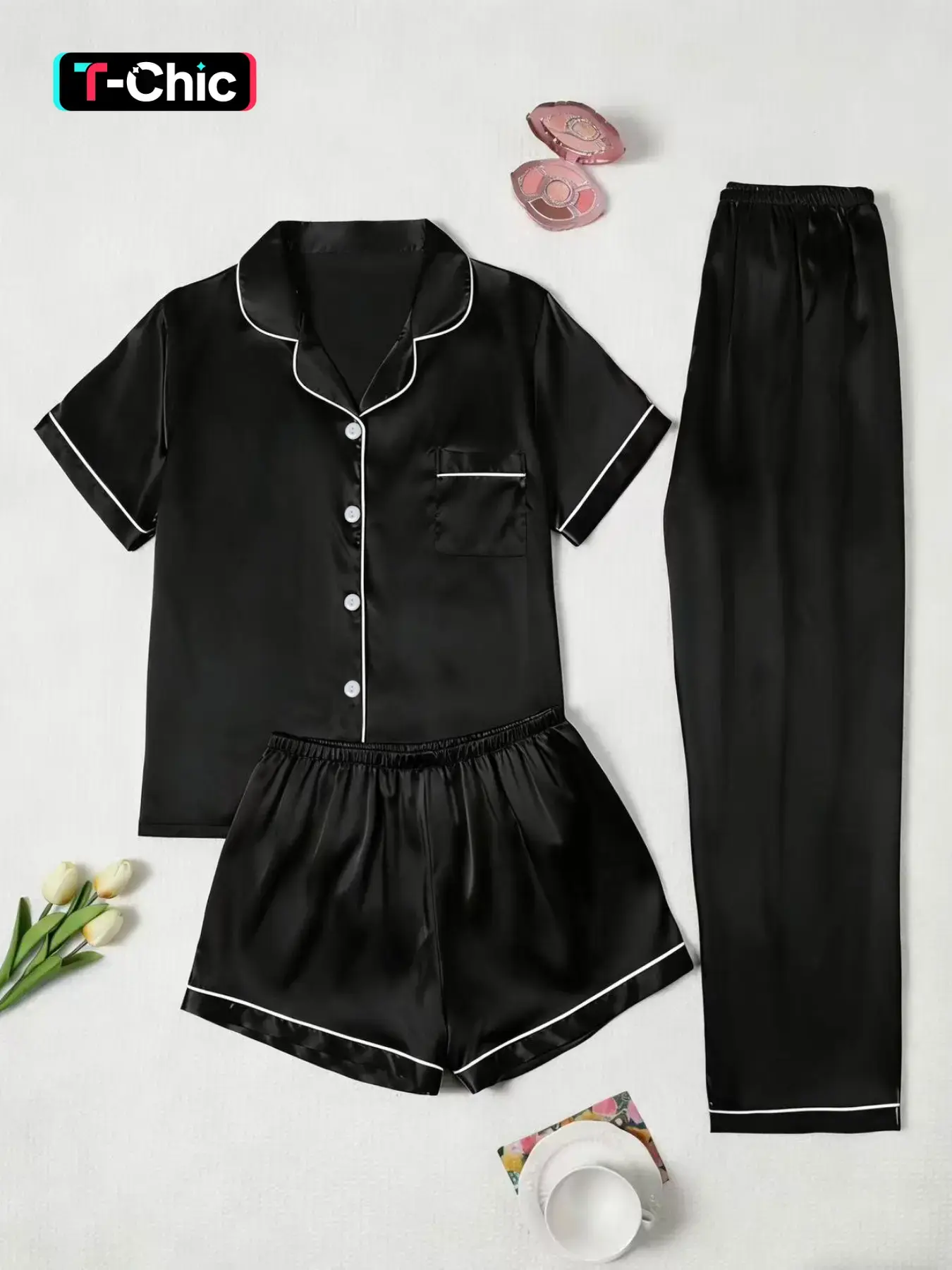 Silk Lightweight 3-Piece Set with Satin Finish, Summer Short Sleeve Top and Shorts with Button, Fitted Casual Women's Comfy Pajamas, Pjs, Nightwear and Loungewear