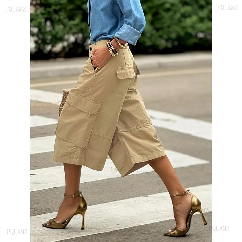 New(New)2026Solid Color Cargo Shorts With Pocket, Casual Wide Leg Midi Shorts For Summer & Spring, Women's Clothing Fabric Womenswear