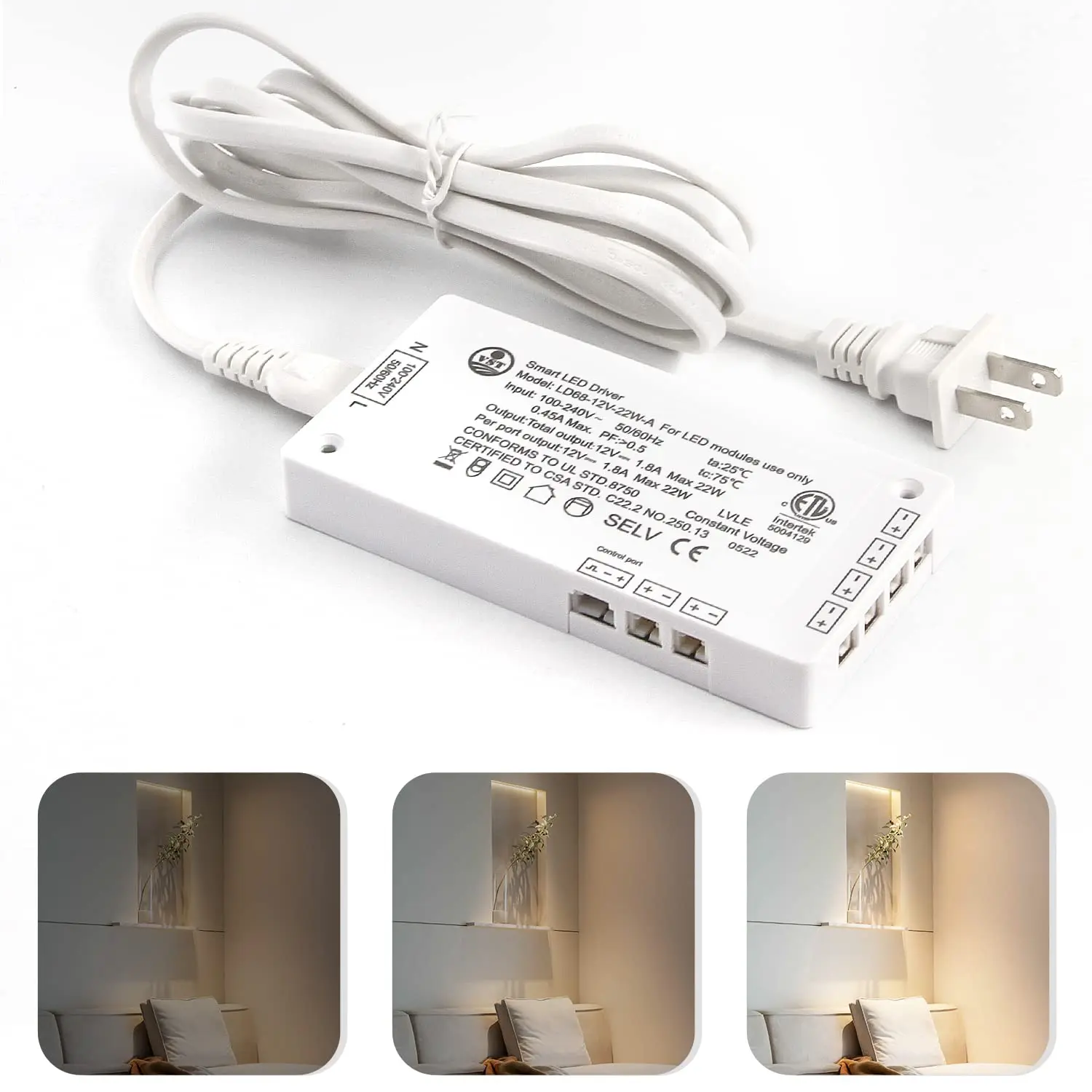 VST 12V 22W LED Power Supply - 100V-240V AC to DC Low Voltage Transformer, ETL Listed White Control Unit with 12V JST Ports for Strip, Under Cabinet Lights