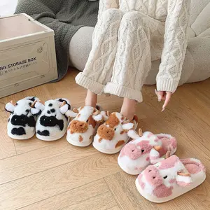 Cute Animal Cow Dog House Slipper for Women - Plush Memory Foam Cloudy Soft Footwear with Black Eyes for Indoor Use