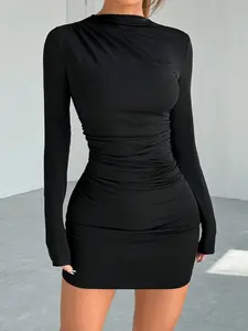 Women's Burgundy Ruched Body-Con Dress Autumn Long Sleeve Claret Mini Dress for Daily Wear Elegant Slim Fit Knitted Fabric