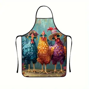 Colorful Chicken Pattern Kitchen Apron with Whimsical Rooster Design, Fashion Glasses & Hats - 100% Polyester, Durable & Smooth Texture for Cooking, Baking - Fun & Functional Kitchen Accessory, Chicken Gifts, Cooking Wear, Playful Kitchenwear