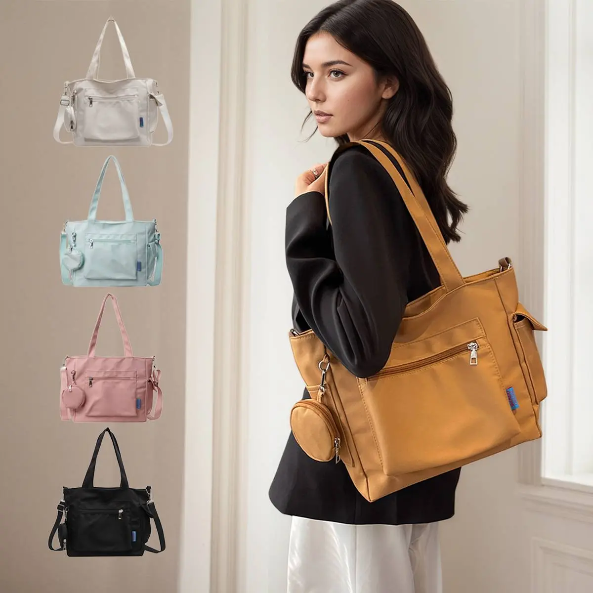 Women's Affordable Fashion Oxford Fabric Tote Satchel - Double Top Handles, Shoulder Bag with Small Purse & Side Pockets, Plain Preppy Solid Colors, Large Capacity, Simple Lines, Office Business Use, Hand Wash Only