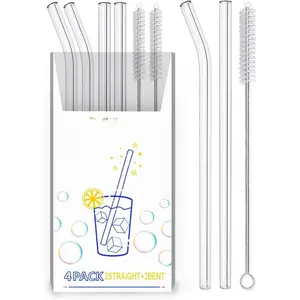 4-Pack Reusable Glass Straw, Size 8.5''x10 MM,Including 2 Straight and 2 Bent with 2 Cleaning Brush- Perfect For Smoothies, Tea, Juice