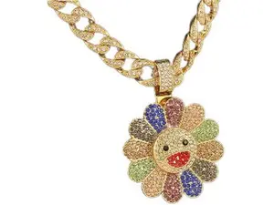 Sunflower Smiling Face Necklaces, Hip Hop Pendant Necklace Cuban Chain for Men Women,Gold Color,Rotatable