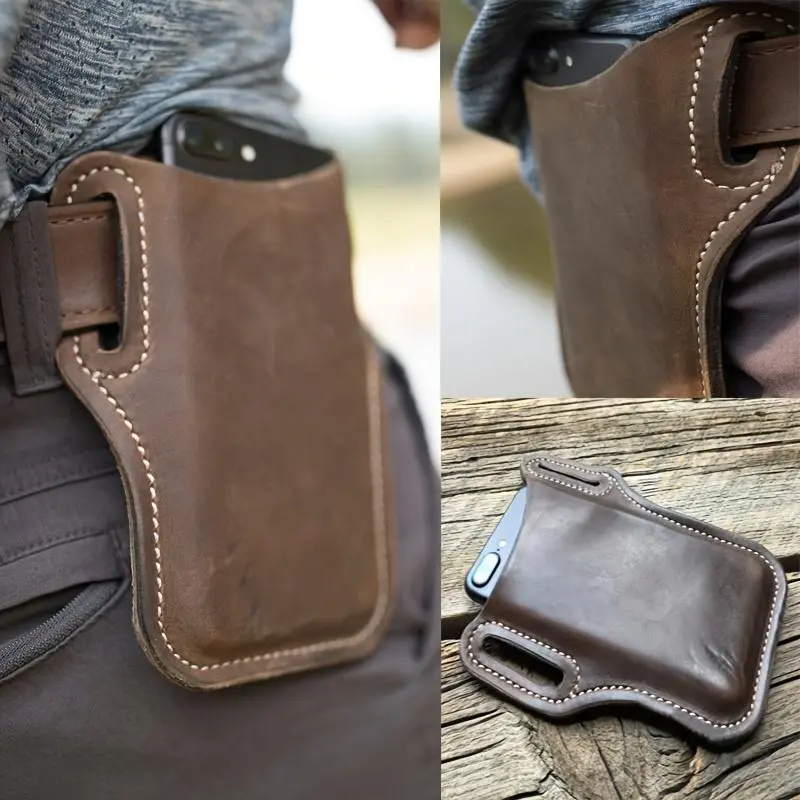 Handmade Crazy Horse Leather Phone Holster, Belt Loop Cell Phone Pouch, Durable Waist Phone Holder Case for Outdoor Work Camping Hiking