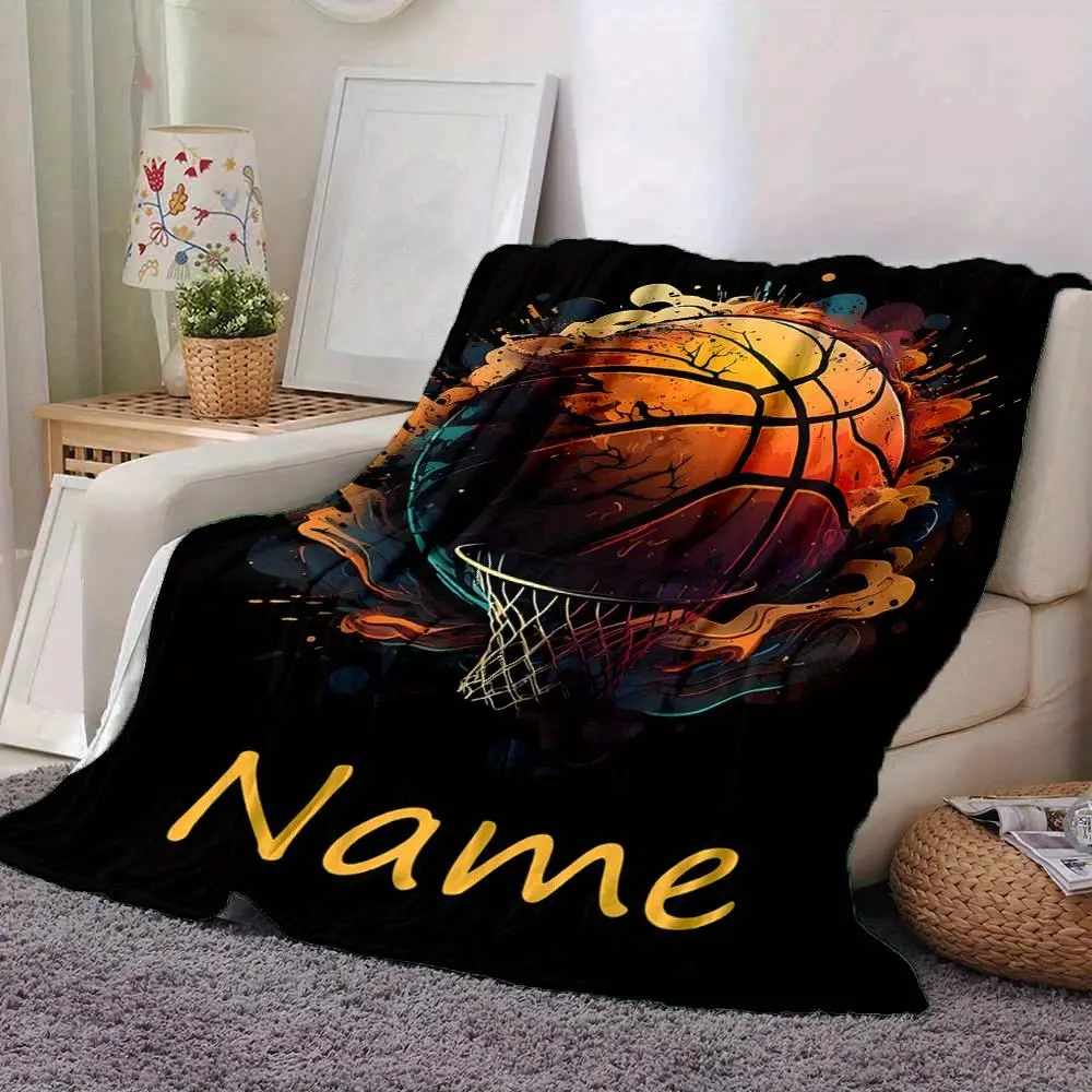 1pc Customized Personalized Basketball Blanket with Name - Soft, Hypoallergenic, Tear-Resistant, Wrinkle-Resistant Flannel Throw - Vibrant Orange,Yellow,Blue Design - Ideal Gift for Grandparents,Adults,Children - Perfect for Sofa,Bed, 30 To 39 In