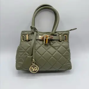 Middle Diamond Small Quilted Tote Bag with Front Lock and BM Pendant in Olive Green
