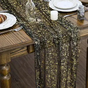 70X400CM Soft Black Gold Metallic Foil Table Runner ,Soft Sparkle Golden Foil Dining Table Decoration For Wedding Bride Shower