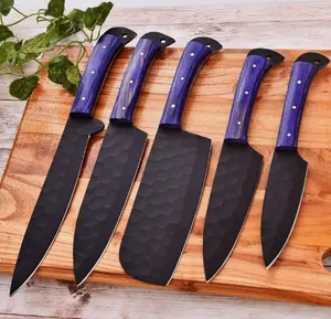 Handmade Chef knife Set, Kitchen Knives, Black Knives, Blue Knives, Meat Cleaver, Paring Knife, Bread Knife, Sharp Knife, Kitchen Knife Set, Carbon Steel. 2432 Steak Handles Blade Knife Block Block