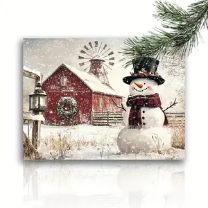 A Vintage Style Snowman Canvas Art Print - Winter Farmhouse Decoration with Red Barn, Top Hat and Scarf - Framed Wall Art for Living Room, Bedroom, Kitchen, Office - Christmas Decoration - 29.97x 40.13cm (11.8x 15.8inch ) - Easy to Hang Pre-Drilled Holes