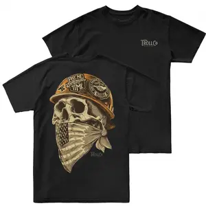 Troll Co Skull Workwear Graphic T Shirt 2 Sides, Vintage Hard Hat American Flag Bandana Skull Illustration Tee, Soft Cotton Blend Shirt, Blue Collar Streetwear Lifestyle Apparel for Men Women, Gift for Workers
