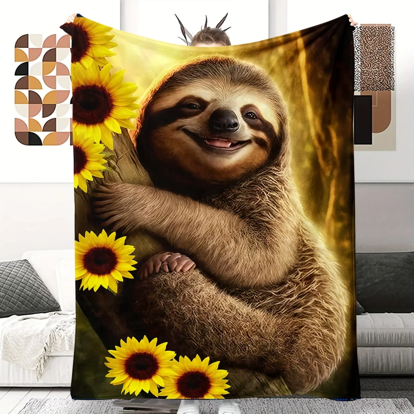 Sloth and Sunflower Printed Fleece Blanket - All Seasons,