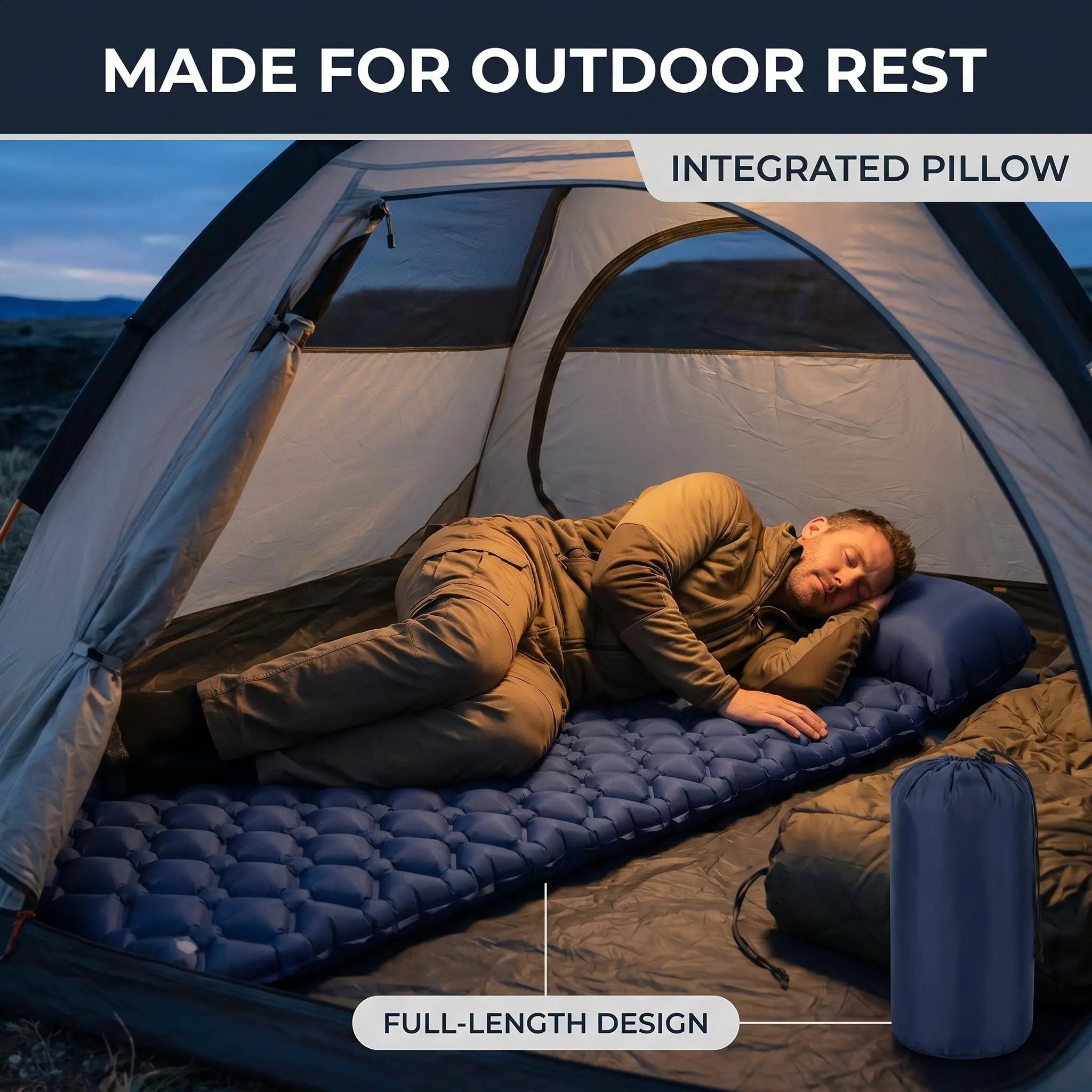 Outdoor Inflatable Camping Sleeping Pad – Foot-Pump Self-Inflating Air Mattress, Press-Inflation Diamond TPU Camping Mat with Built-in Pillow for Outdoor Camping and Hiking
