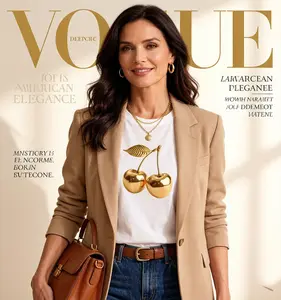 2026 Spring/Summer New Women's Crew Neck Golden Cherry Print T-Shirt | Fashionable Cool Short Sleeve Summer Tee 100% Cotton Chic & Comfortable for Daily Wear - Womenswear, Fabric