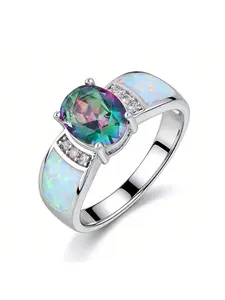 White K Plated Synthetic Fire Opal Colorful Zircon Fashion Jewelry For Women Cocktail Ring Anniversary Gifts for Her