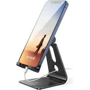 Adjustable Cell Phone Stand, Desk Phone Holder, Cradle, Dock, Compatible with iPhone 15, 14, Plus, Pro, Pro Max, 13 12 X XS,4-8" Phones, Office Accessories, All Android Smartphone, Black Aluminum Mobile
