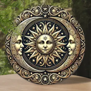 1Pc Vintage Aluminum Sign - 2D Flat Sun & Double Moon God Gothic Retro Style | Ornate Scrollworks & Stars, Dark Academia Home Decor, Occult Astrology Wall Art | Premium Quality Metals, Round Decor Plaque Gifts