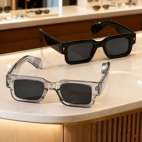 Unisex 2pcs Trendy Square Sunglasses - Minimalist Retro Thick-Frame, Natural Polyamide Semi-Rimless, Anti-Glare Blue Lenses Frames, Versatile Use Wrap-Around Eyewear for Party, Beach (Eyewear Fashion)