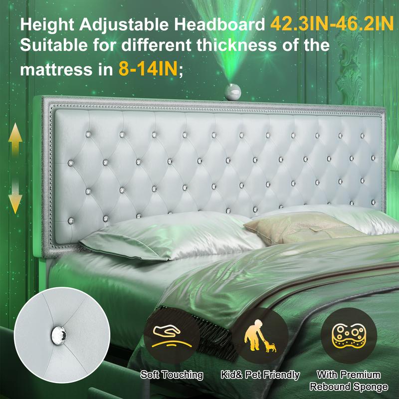 GEGOFORU Queen LED Galaxy Bed Frame with Projector, Bluetooth Speakers & USB Charging, RGB Lighting, White Velvet Upholstered Platform Bed, No Box Spring Needed