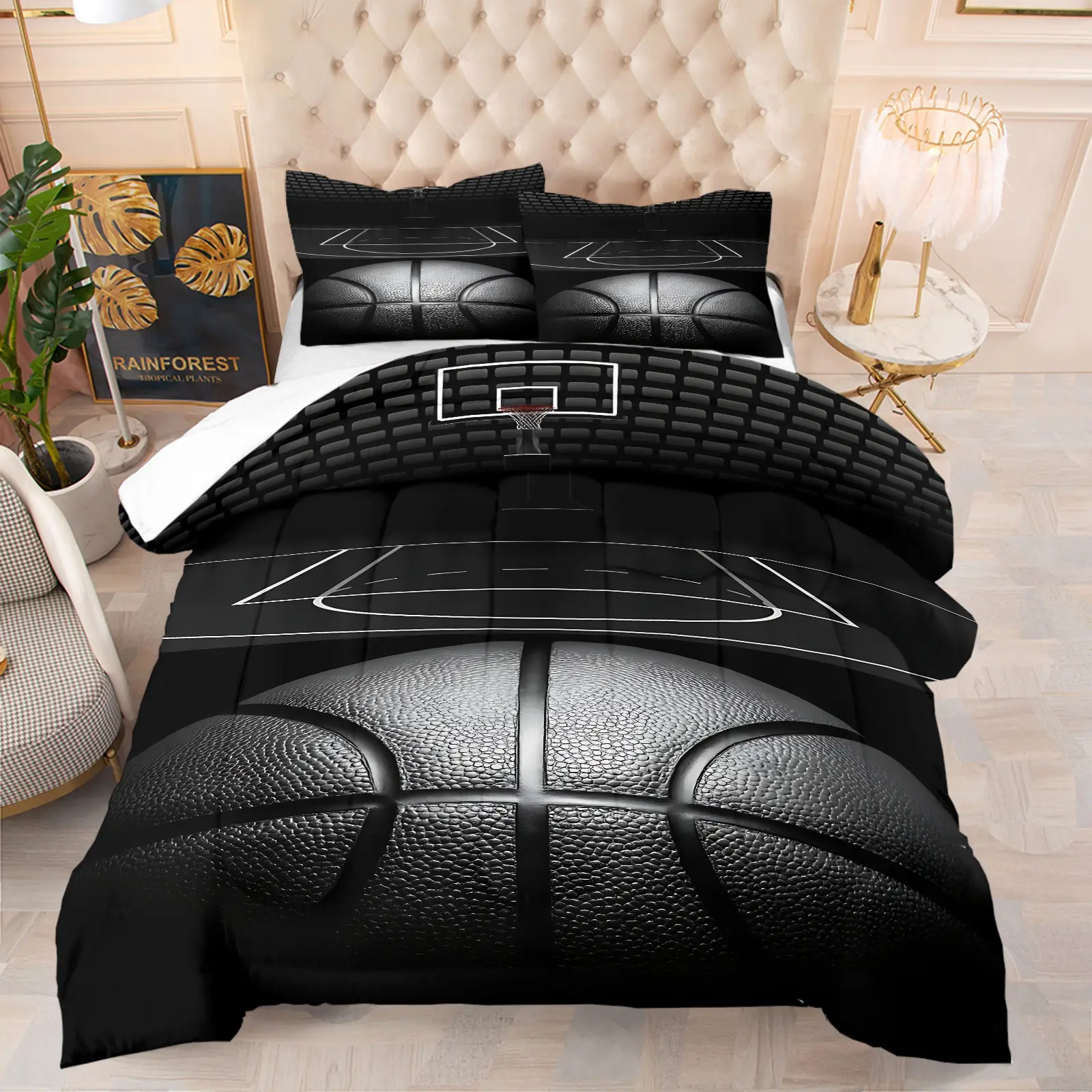 2/3 Piece Sports Themed Basketball Pattern Printed Comforter Set, Bedding Set for Basketball Enthusiasts of Boys and Girls, Soft and Breathable Suitable for All Seasons, Bedding Supplies, Including 1 Quilt and 1/2 Pillowcase