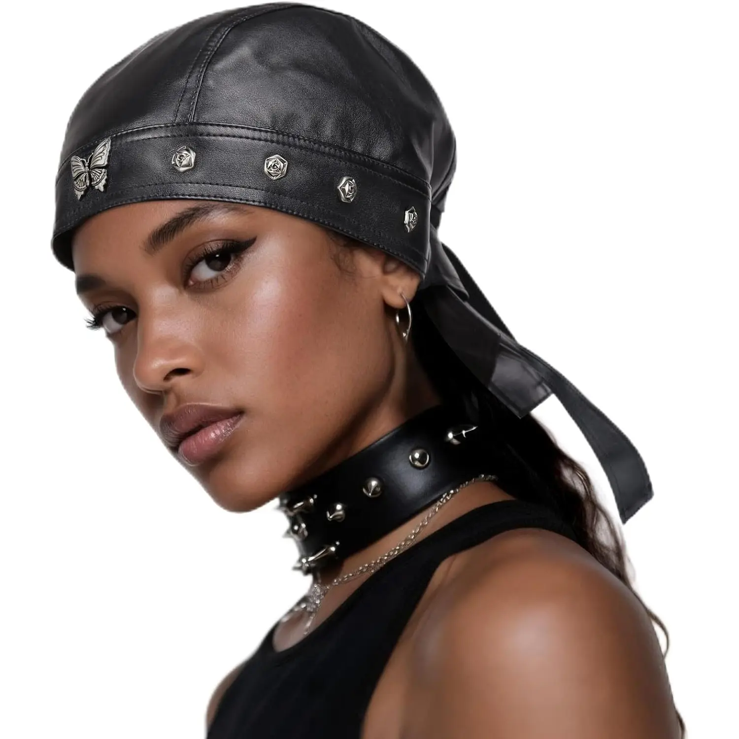 PU Leather Butterfly Skull Cap Tie Back Biker Head Wrap Motorcycle Hat for Men Women