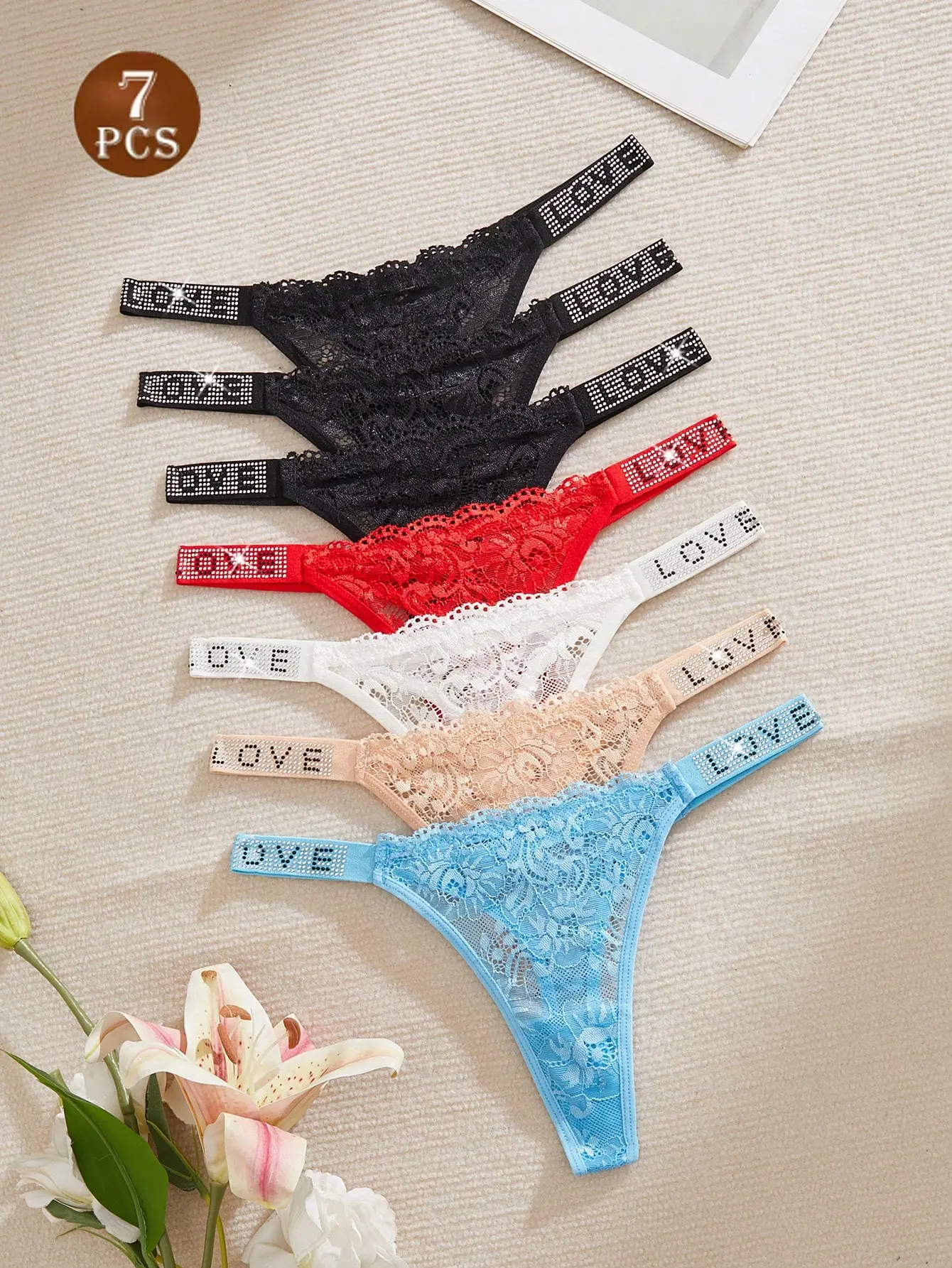 FS 7pcs Womens Low-Waist Sexy Lace Floral Hollow-Out Rhinestone Semi-Sheer Comfortable Thong Panties