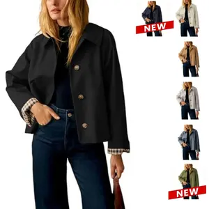 UANEO Womens Cropped Trench Coat Classic Collar Oversized Casual Jackets with Checkered Lining SummerVibes