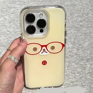 Graffiti Cute Red Glasses Rilakkumas Phone Case for iPhone 17 16e 16 15 14 13 12 11 Pro Max X Xs XR 8 7 Air Plus Feather Texture Casing Cover Smartphone Cellphone