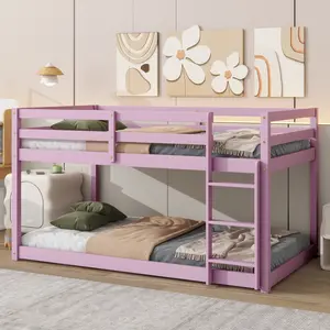 Low Bunk Bed Twin over Twin Size Solid Rubber Wooden Floor Bunk Bed with Ladder ,Upper and Bottom Bed Platforms crafted with Strengthened Slats