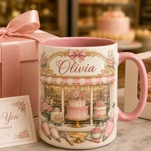 Personalized Bakery Mug, Custom Pink Handle Ceramic Cup, 2D Printed 3D Effect Floral Cake Boutique Design, For Bakers Women Mom Sister, Birthday Christmas Mother's Day Gift, Sweet Bakery Lover Keepsake