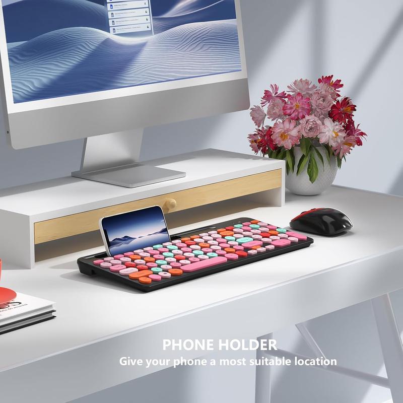 F-KBB01 Retro Wireless Keyboard with Round Keycaps, 2.4GHz Full-Size USB Cute Wireless Keyboard Mouse for Computer, Desktop, Laptop and Computer (Pink-Colorful)