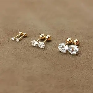 1-Pair/3-Pairs Set, 18K Gold Plated Stainless Steel, Round Ball Twisted 4-Prong Set Cubic zirconia Stud Earrings, Simple Style