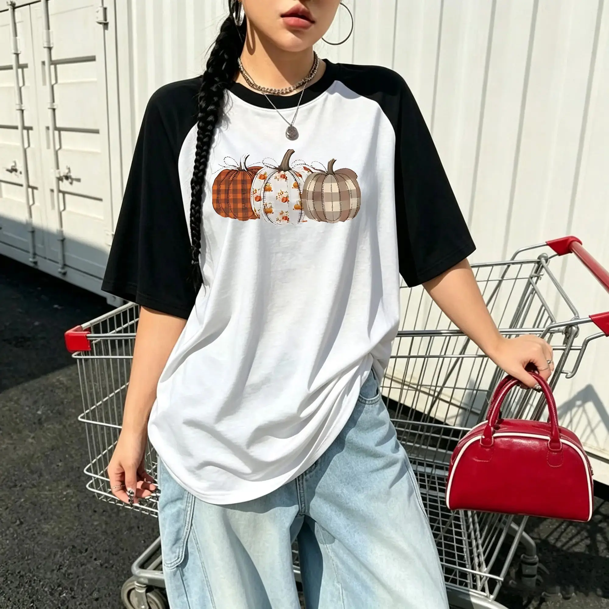 Plaid Patchwork Pumpkins Raglan Tee, Fall Farmhouse Pumpkin Graphic Tshirt, Autumn Thanksgiving Casual Women Top