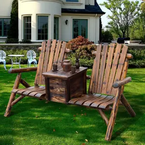 Rustic Brown Double Wooden Outdoor High-Back Bench with Smooth Armrests & Drainable Ice Bucket, 2-Seat Loveseat for Lounging and Sharing Cool Drinks
