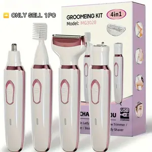 4-In-1 Women's Multi-Function Electric Hair Removal Kit, Bikini Trimmer, Bikini Shaver, Body Trimmer, USB Rechargeable, Eyebrow, Nose, Face, Leg, Portable, Lightweight