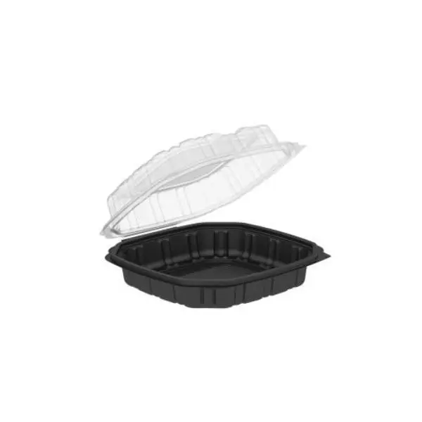 Anchor 4650911 NJ Square Takeout Container, 9x9 in Polypropylene 1-Compartment Hinged Secure Lid, Black - Case of 120