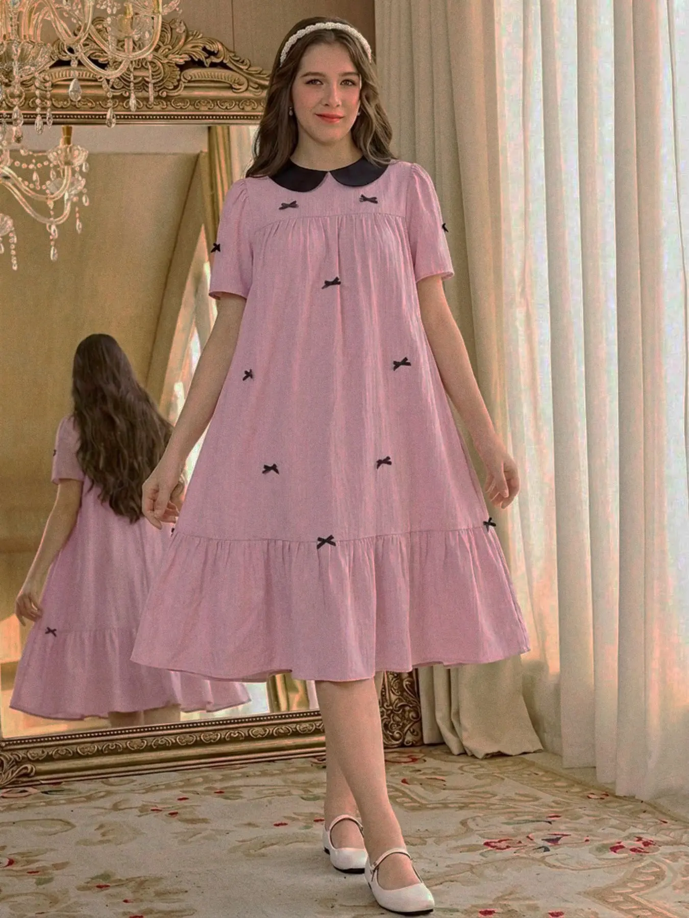 Teen Girl Summer Korean Style Casual Wear Loose Sweet Cute New Midi Dress, Textured Comfortable Fabric, Baby Neck Bow Decoration, Short Sleeve