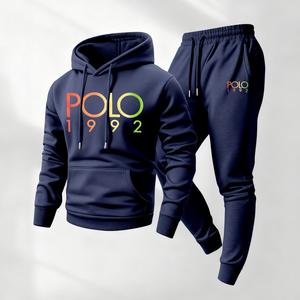 Men's Polo 1992 Print Hoodie & Drawstring Sweatpants Set, 100% Polyester, Casual Athletic Long Sleeve, Soft Breathable Fabric, Loose Fit, Spring Autumn Winter Tracksuit