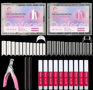 480PCS Extra Long C Curve Nail Tips and Glue, 2 Packs Natural and Clear Acrylic for Nails Professional Set, 12 Sizes Artificial Straight Square French False Nail Tips