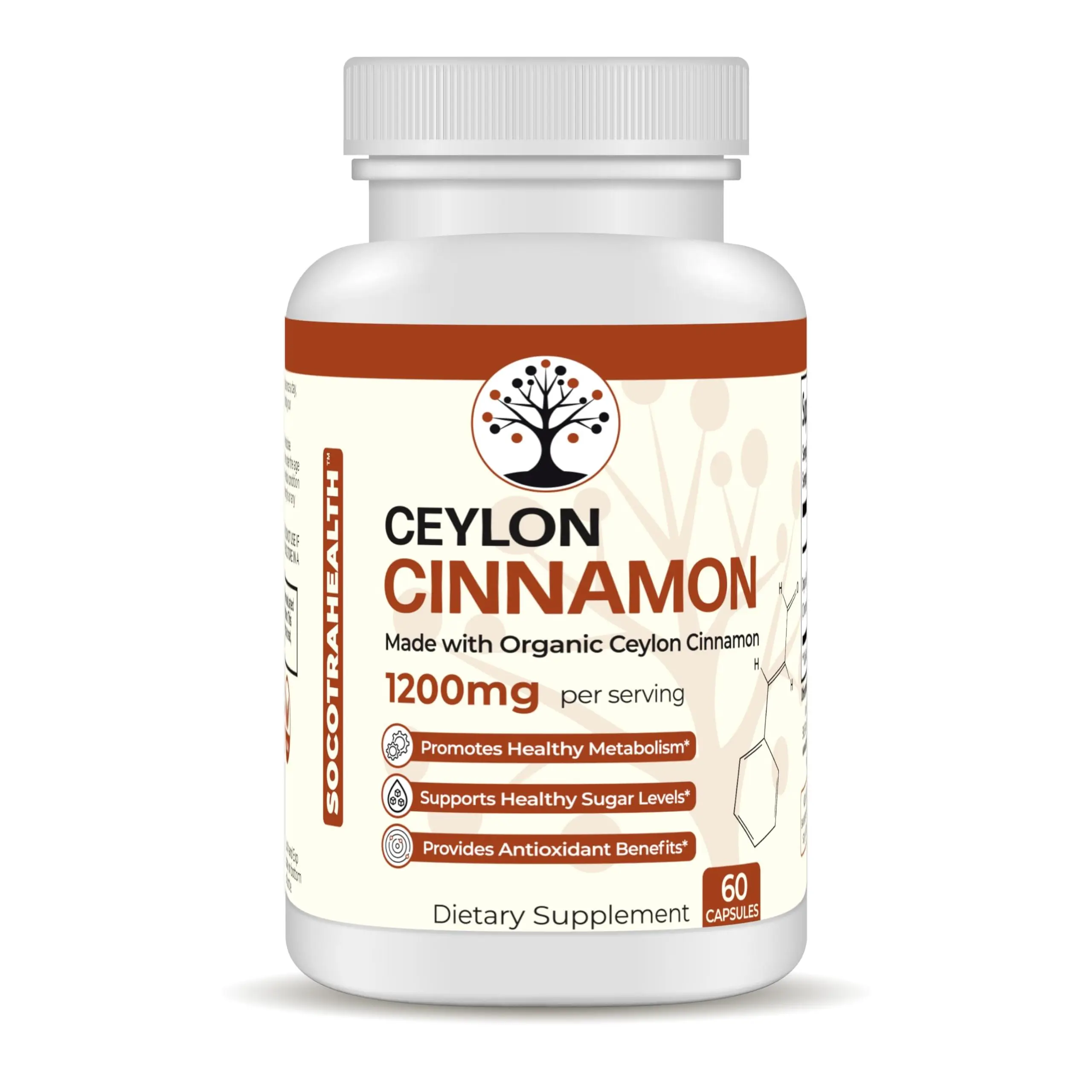 Socotra Health Ceylon Cinnamon - Certified Organic, Non-GMO, Gluten-Free - Supports Metabolism & Antioxidant Benefits - 60 Vegan Capsules