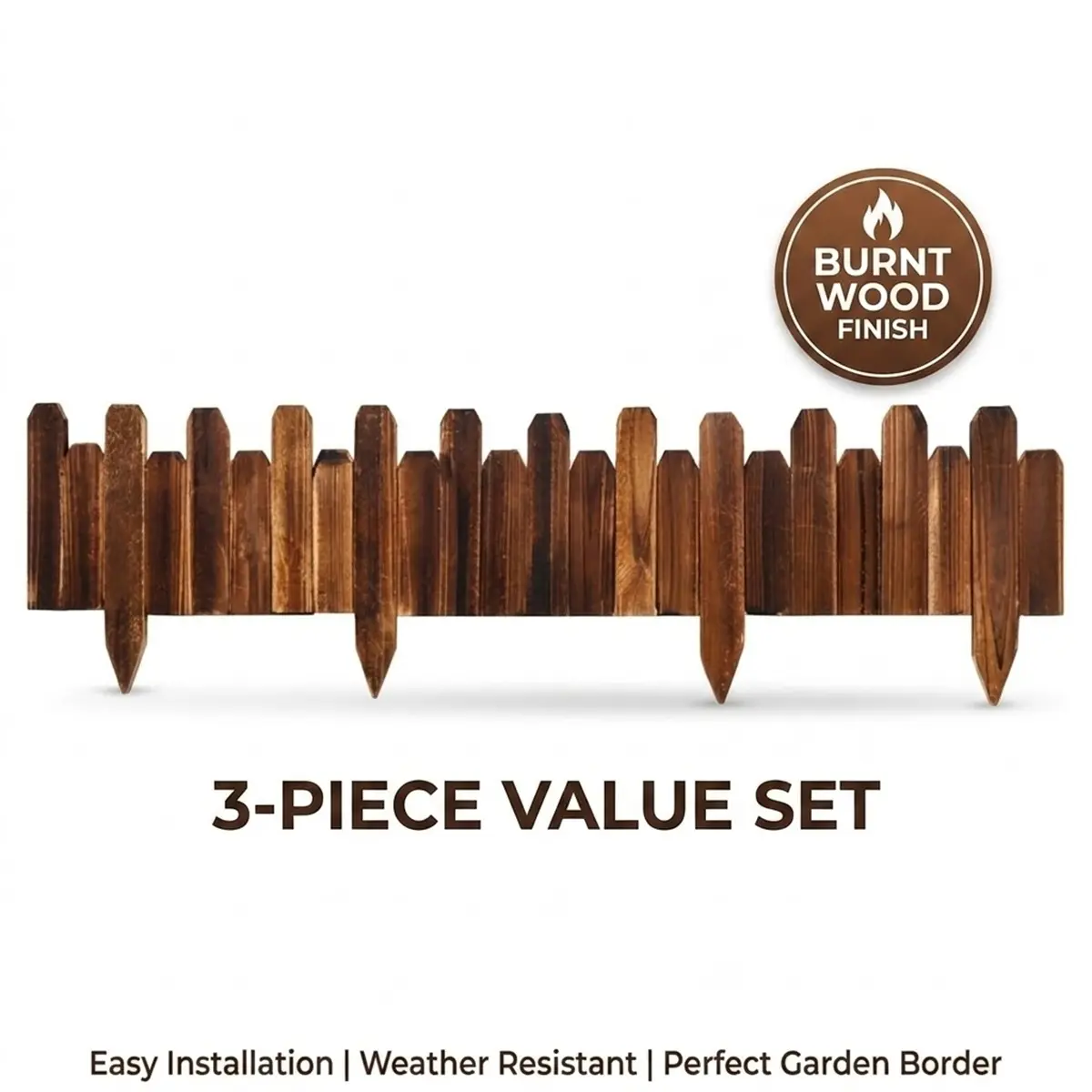 3-Pack Rustic Pine Garden Border Fence – 11.8ft Total Length Wooden Landscape Edging for Flower Beds, Pathways & Lawn Decor