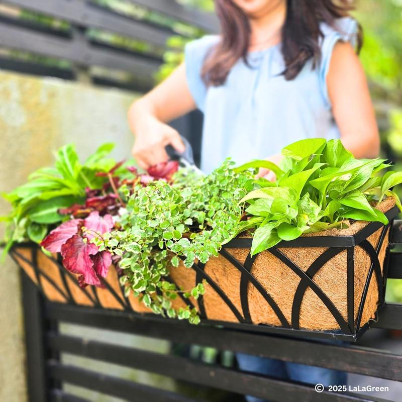 LaLaGreen Railing Planter Boxes (24 Inch, 2 Pack) Black Metal Rectangular Window Flower Box with Coco Liner, Hanging Planters for Outdoor Plants Bracket Holder Deck Rail Fence Balcony Porch Garden
