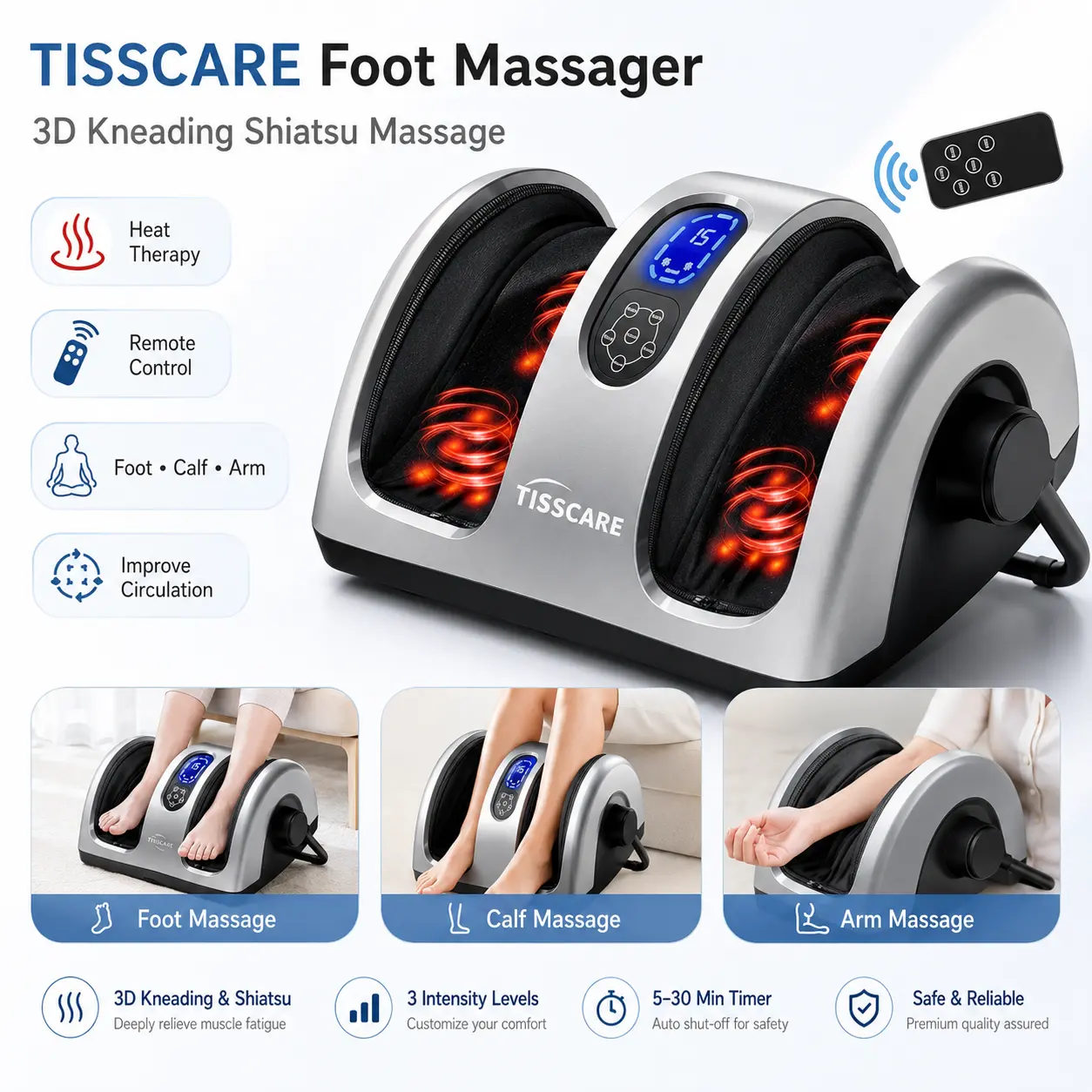 TISSCARE Foot Massager Shiatsu Massager 3D Kneading Massager for Foot, Legs with Handy Handle - Gift, Plug Relaxing Removable