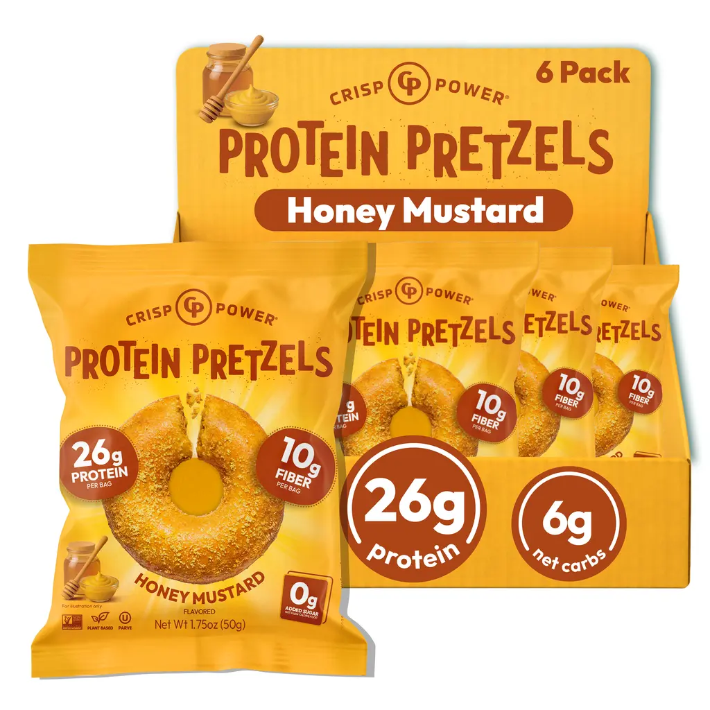 CRISP POWER Protein Pretzels, NEW Honey Mustard Flavor, High Protein, High Fiber, 6g Net Carbs, Crispy, Sweet and Savory, Crunchy Pretzel Snacks, No Added Sugar, 1.75 oz Bags, 6 Pack, Snack