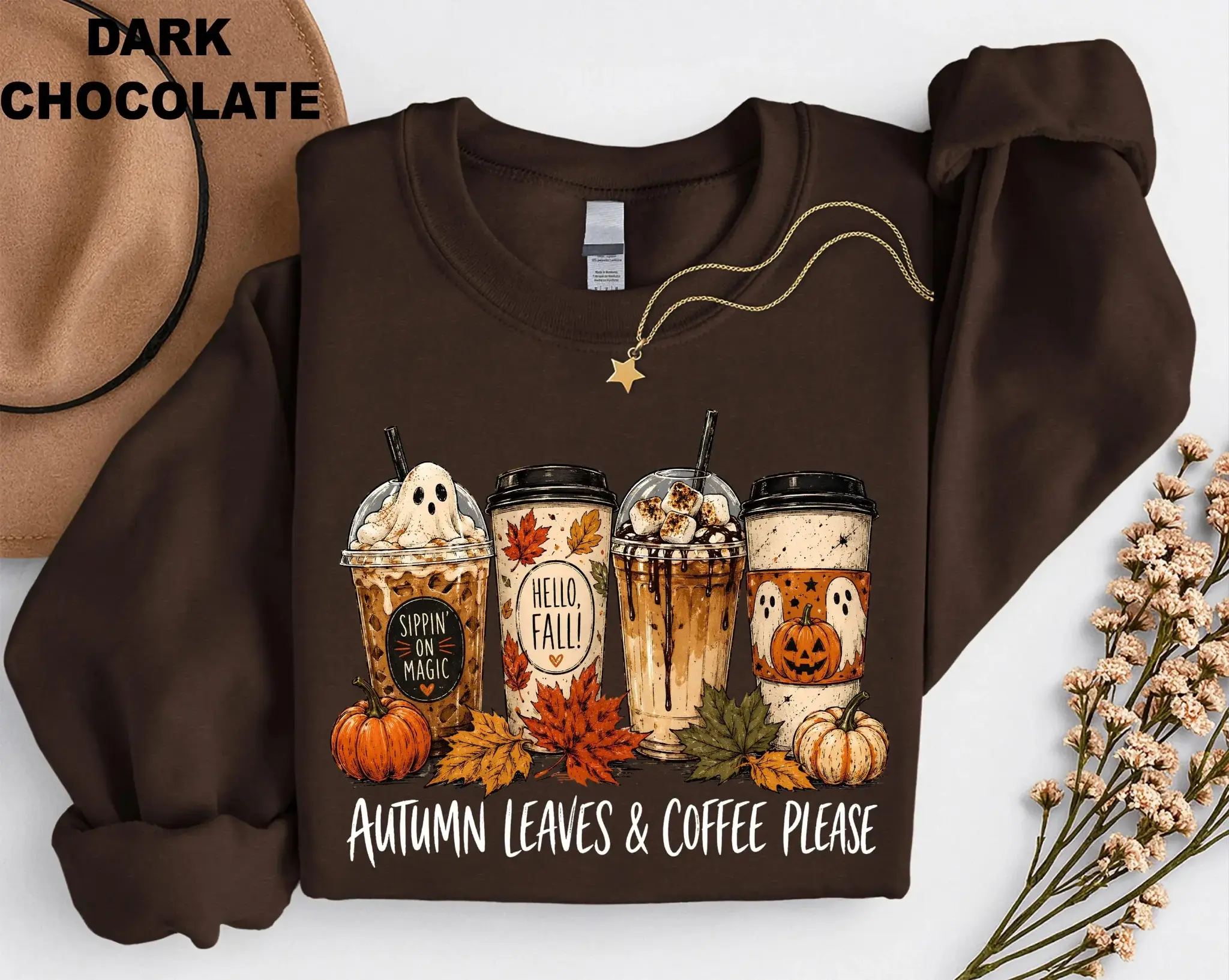 [MADE IN US] Autumn Leaves Coffee Sweatshirt, Fall Coffee Lover Crewneck, Cute Ghost Pumpkin Latte Sweater, Cozy Spooky Season Shirt for Women
